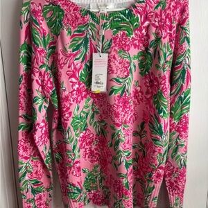 Lilly Pulitzer Pink Floral Knit with Green Leaf Motif